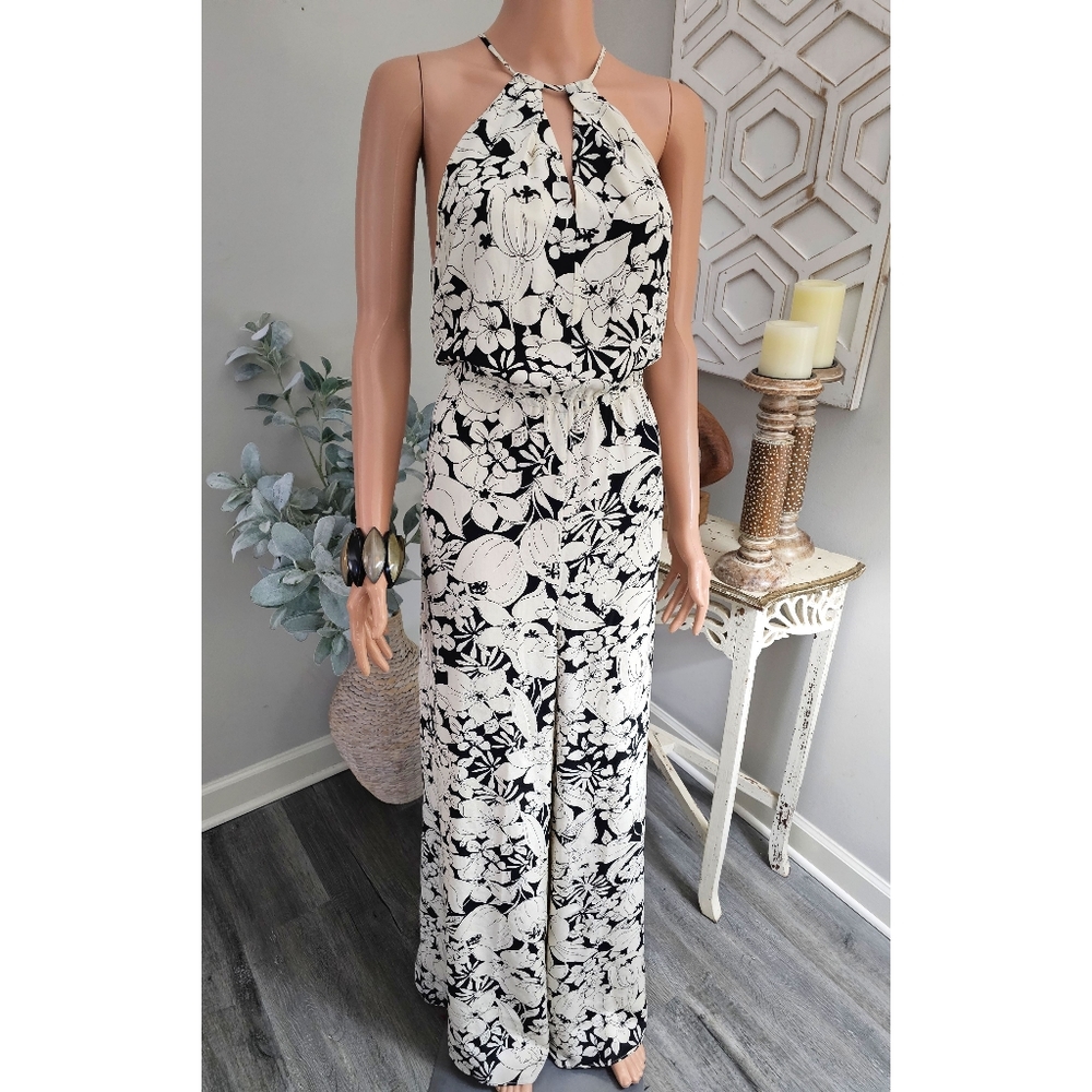 Athropologie By Elevenses Black Cream Floral Lilium Silk Wide Legs Jumpsuit